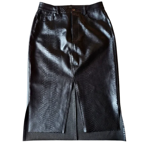🚨Zara Black Faux Leather Snakeskin Embossed Front Slit Midi Skirt sz US Small - Picture 1 of 10